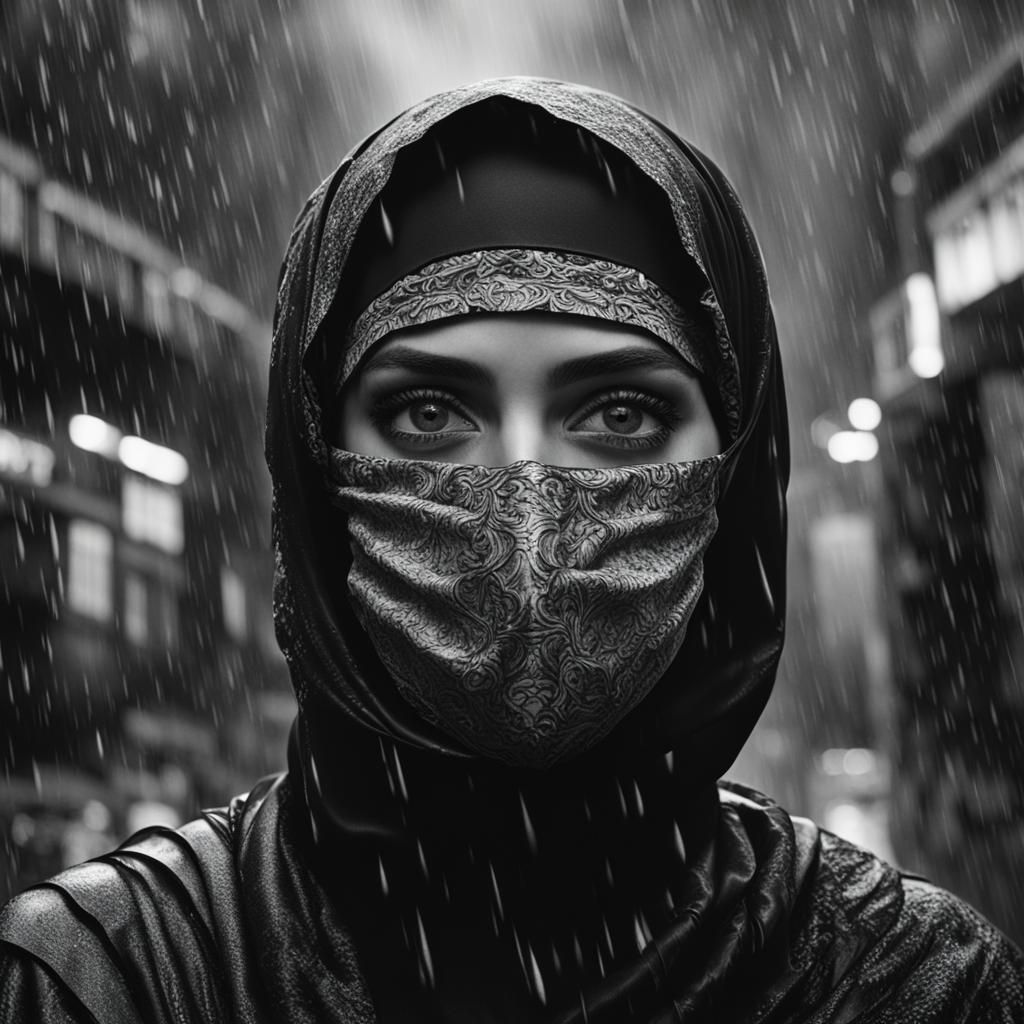 Vintage Portrait of Hijabi Woman in Rain