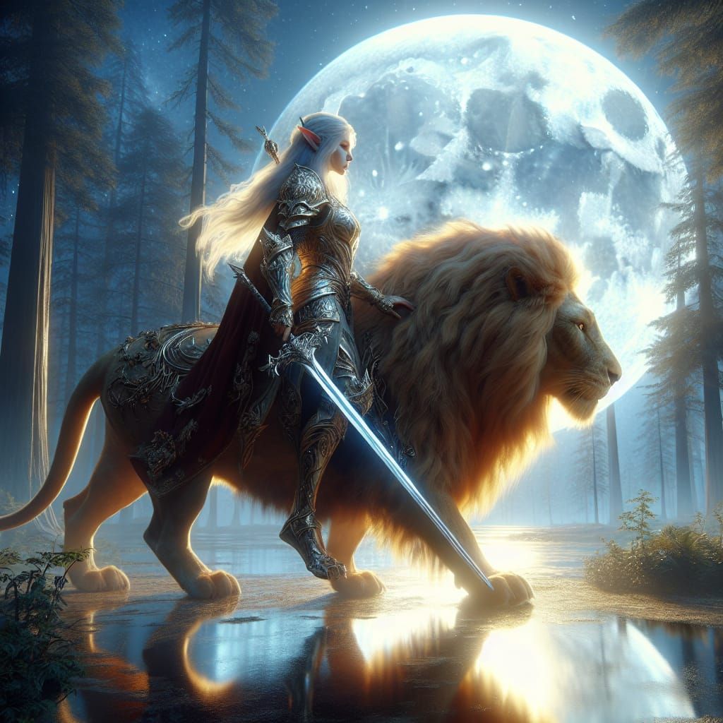 Elven Warrior and Golden Lion Under Moonlight