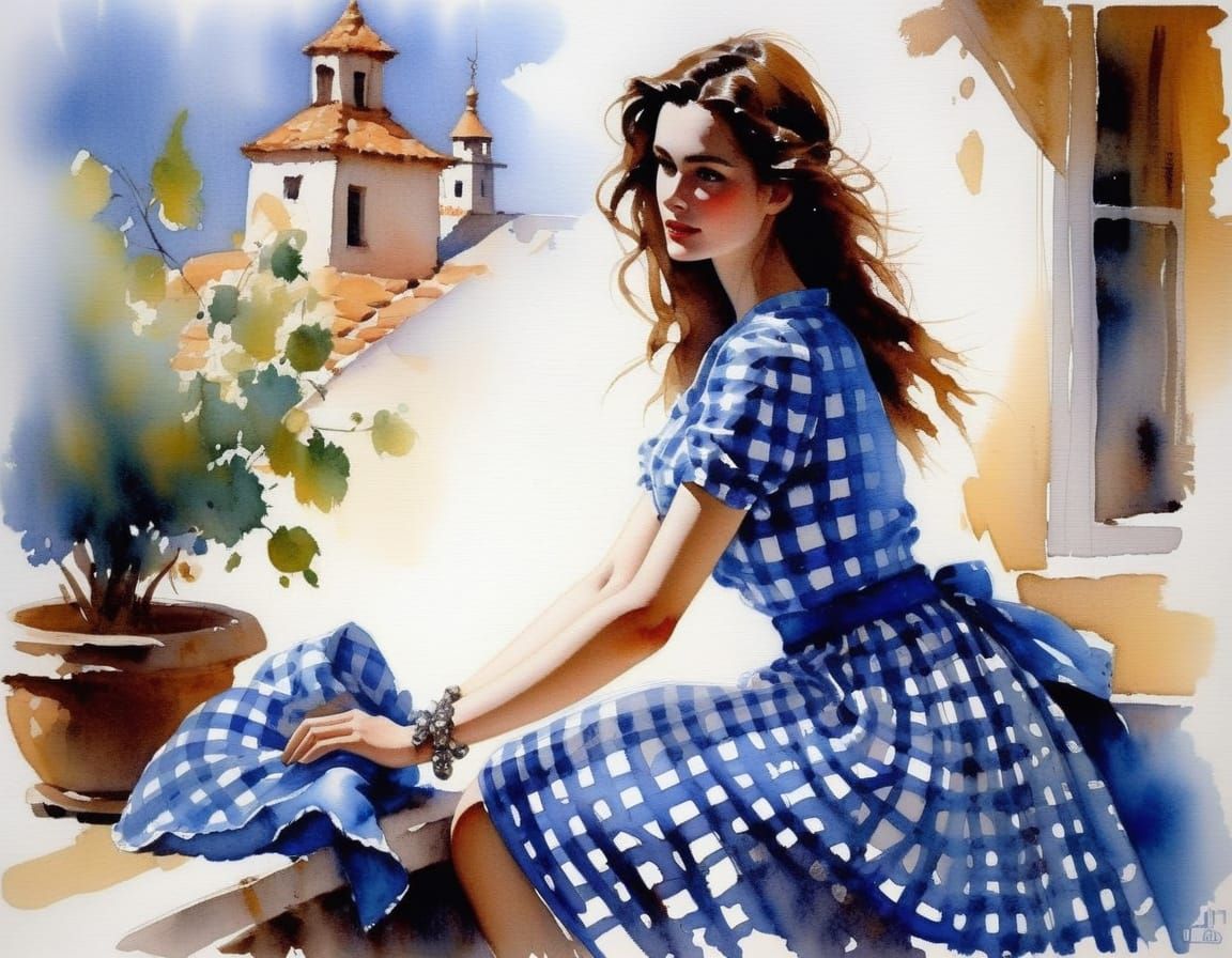 Delft Blue Woman in Gingham Print Art