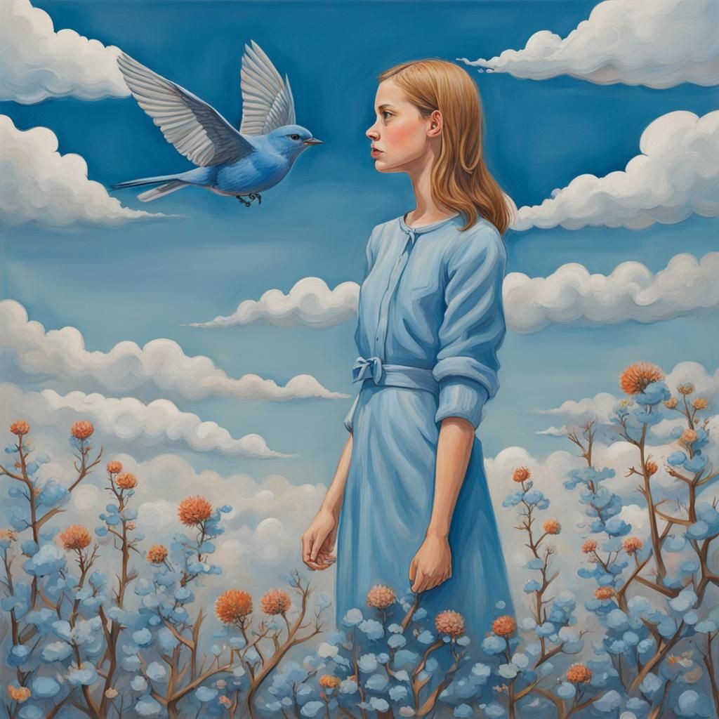 Girl in Sky with Bluebird: Gouache Painting