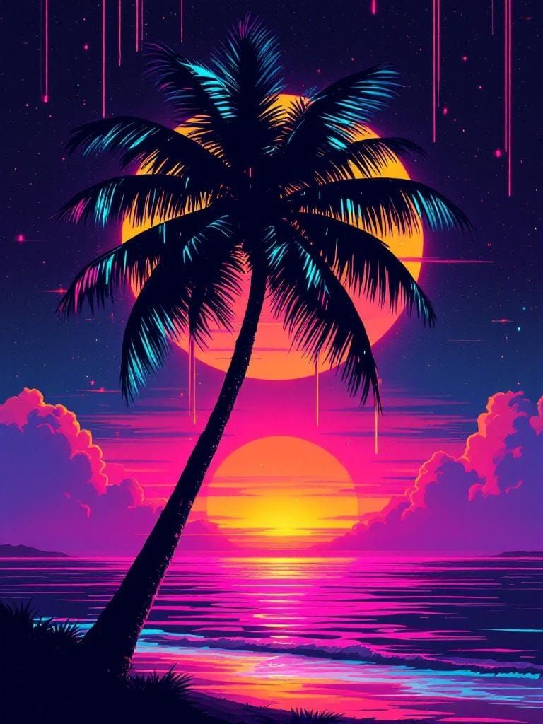Neon Sunset Palm in Vaporwave ASCII Style