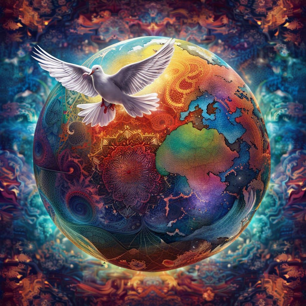Dove and Earth Globe Mandala in Vibrant Colors