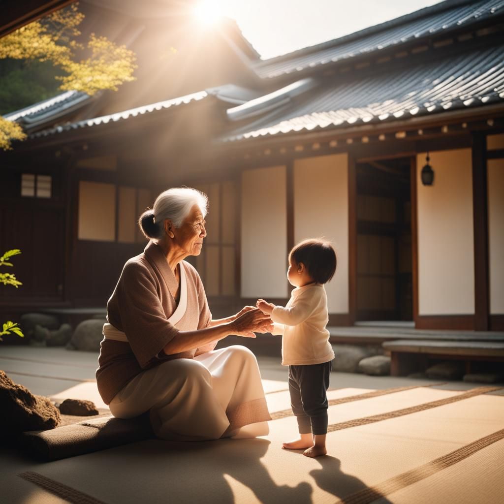 Asian Grandmother and Grandchild in Japanese House