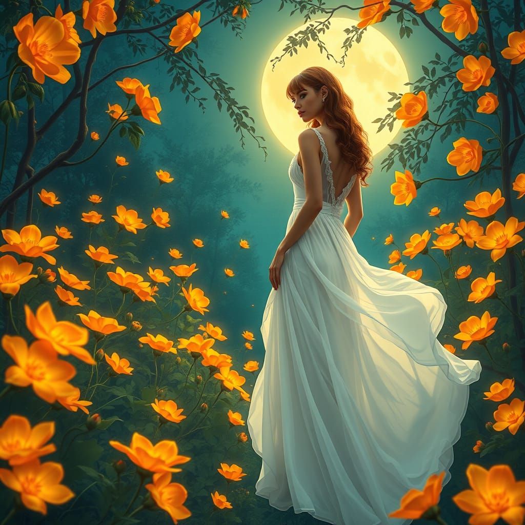 Woman in Moonlit Garden in Art Nouveau Style