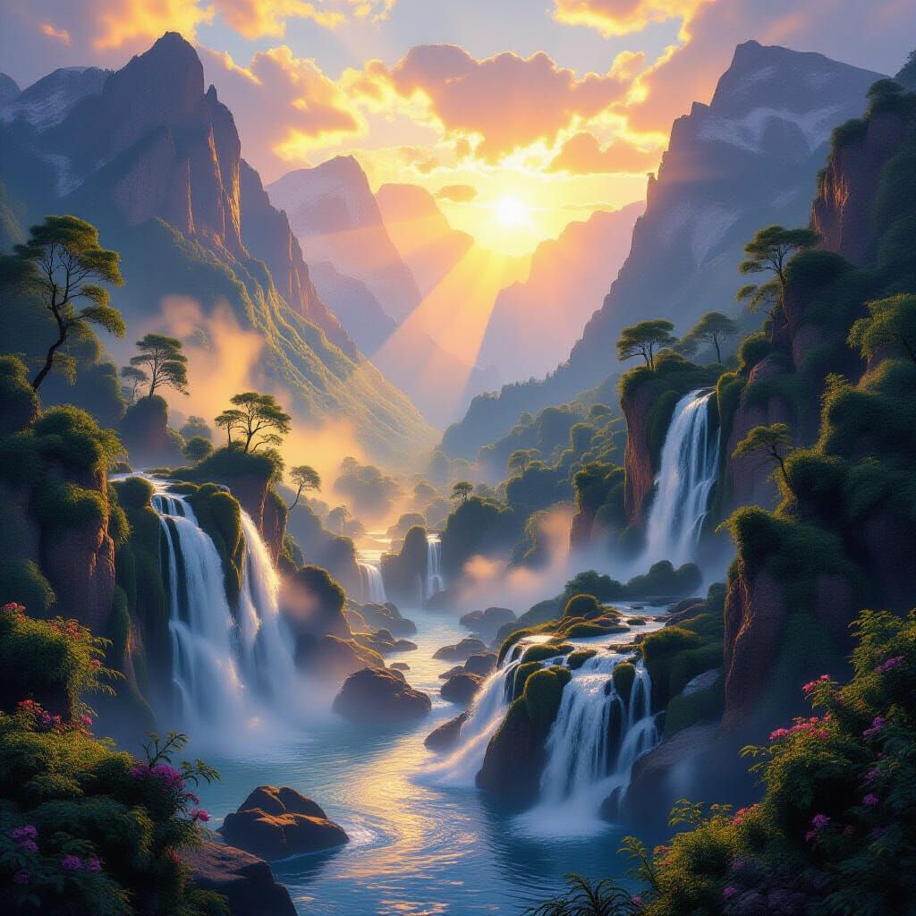 Golden Hour Landscape with Waterfalls and Mist