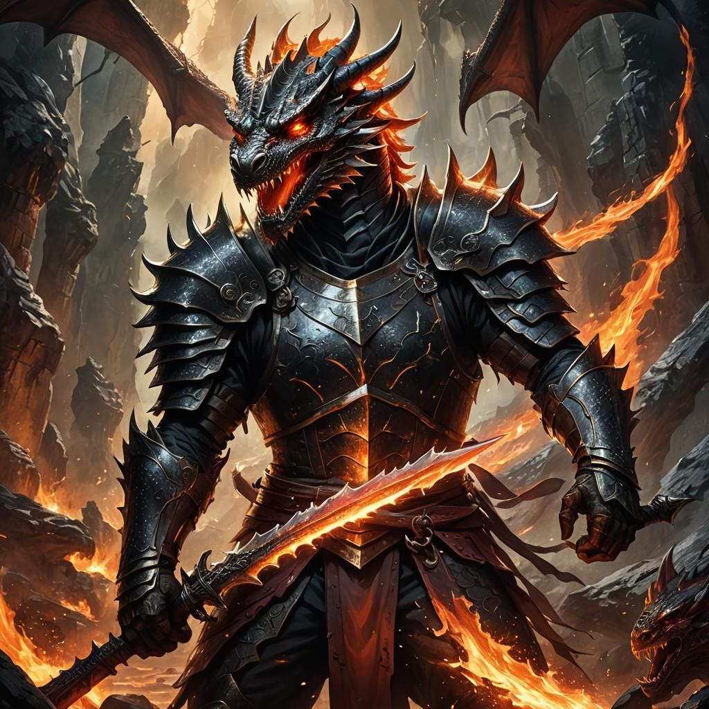 Warrior Battles Fire Dragon in a Cavern