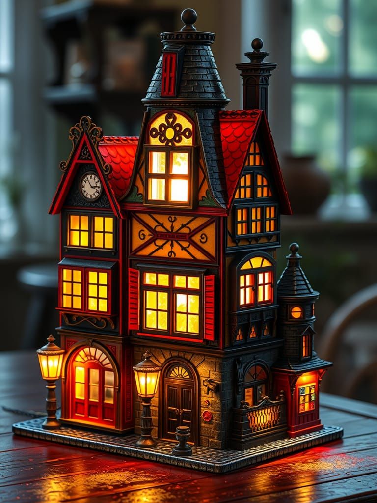 Steampunk Village Table Lamp with Glowing Light