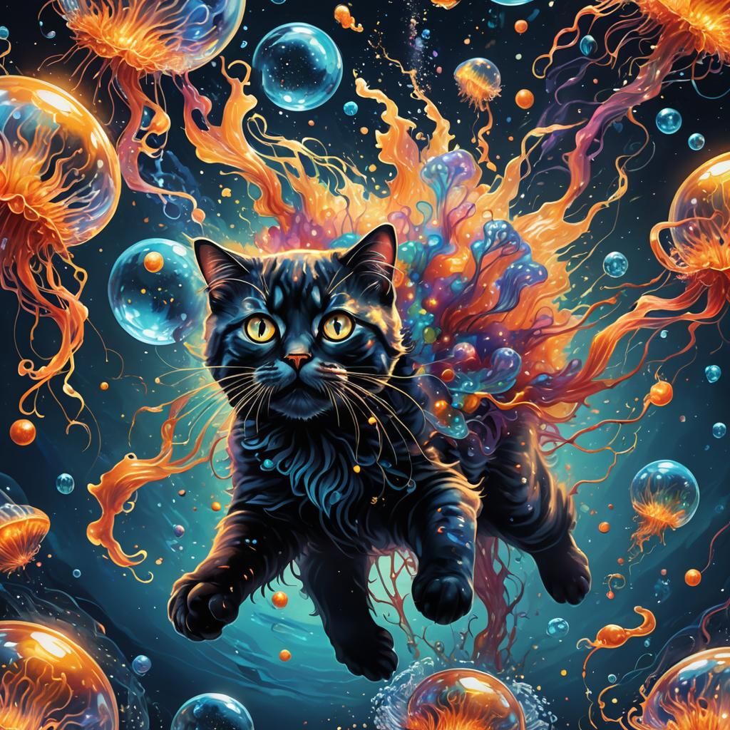 Cosmic Kitty Leaps into Jellyfish Swarm, Surrealist Illustra...