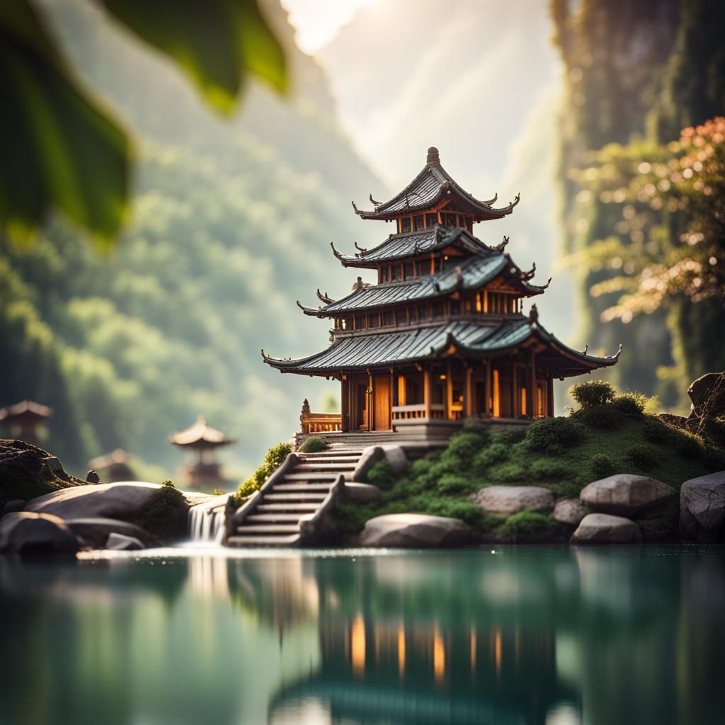 Retro Mountain Temple by River with Frogs