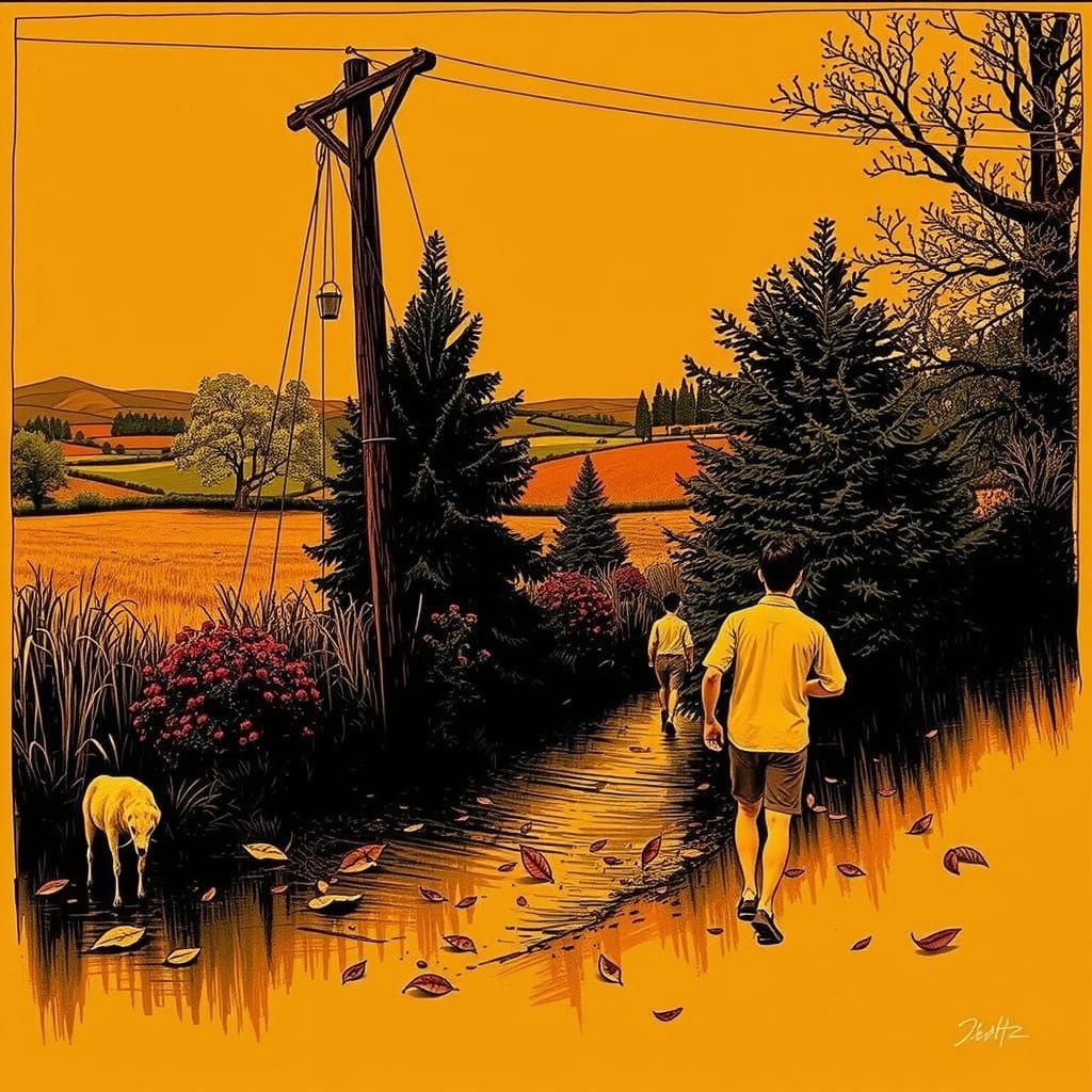 Colorful Abstract Landscape with Pink Figure