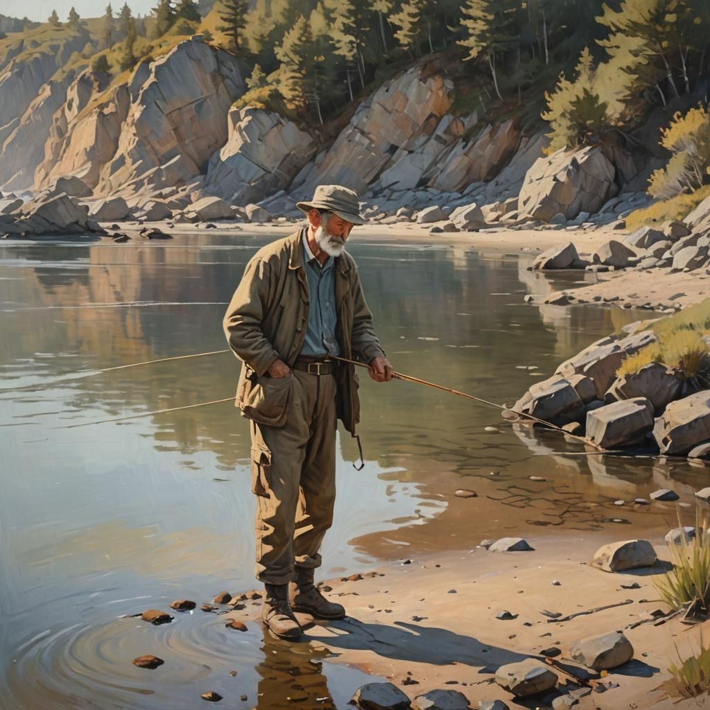 Fisherman Casting Line: Impressionist Oil Painting