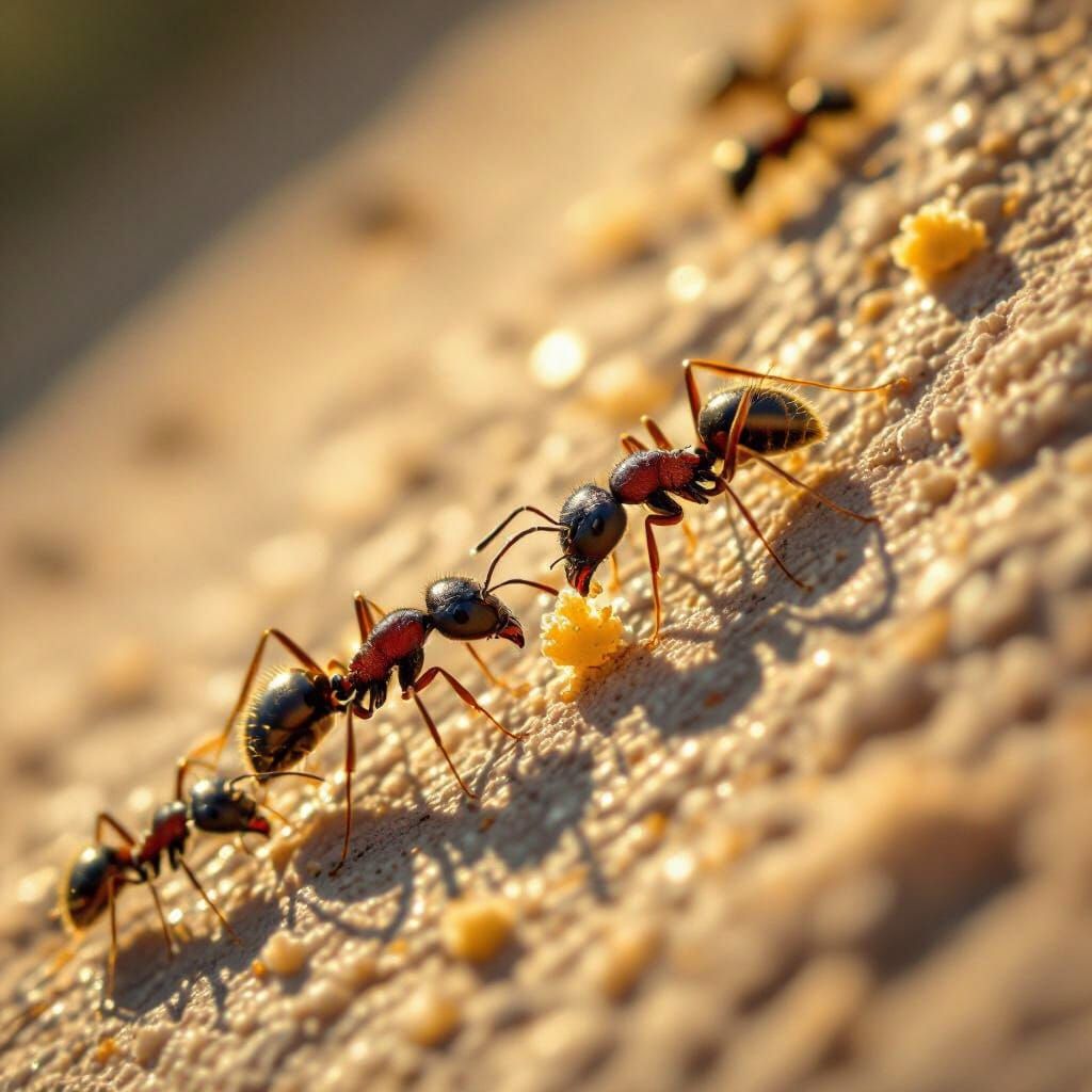 Macro Photo: Ants Share Food on Sunlit Wall