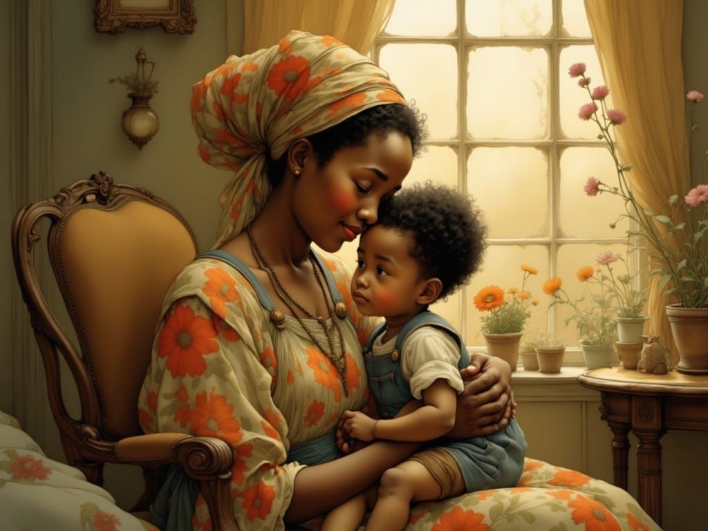 A Black Grandmother's Tender Embrace in a Cozy Delicate Worl...