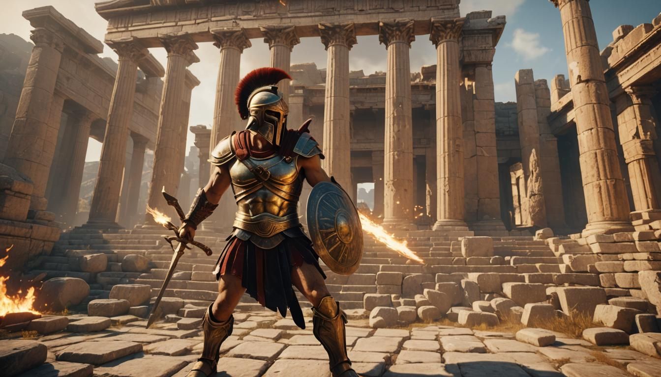 Spartan Warriors Clash in Ancient Greek Temple