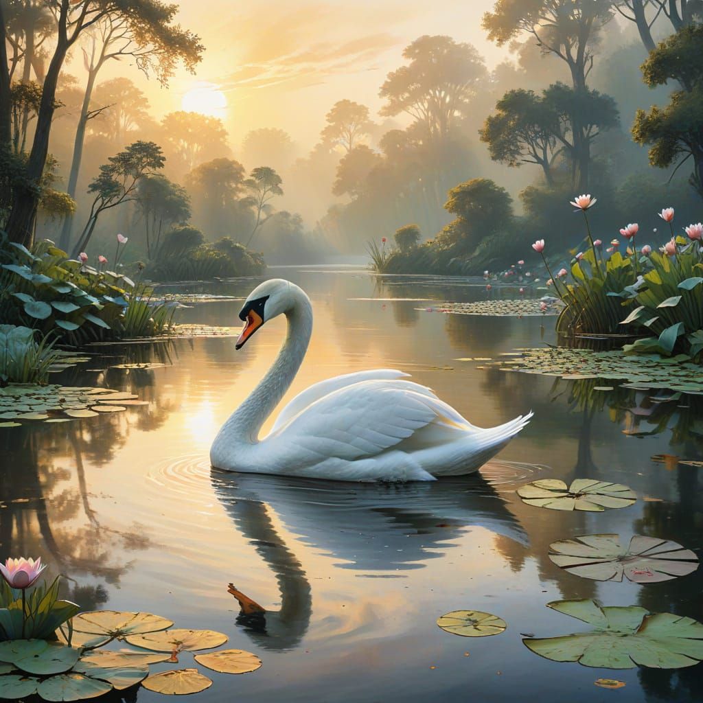 Swan in Serene Dawn Lake Landscape