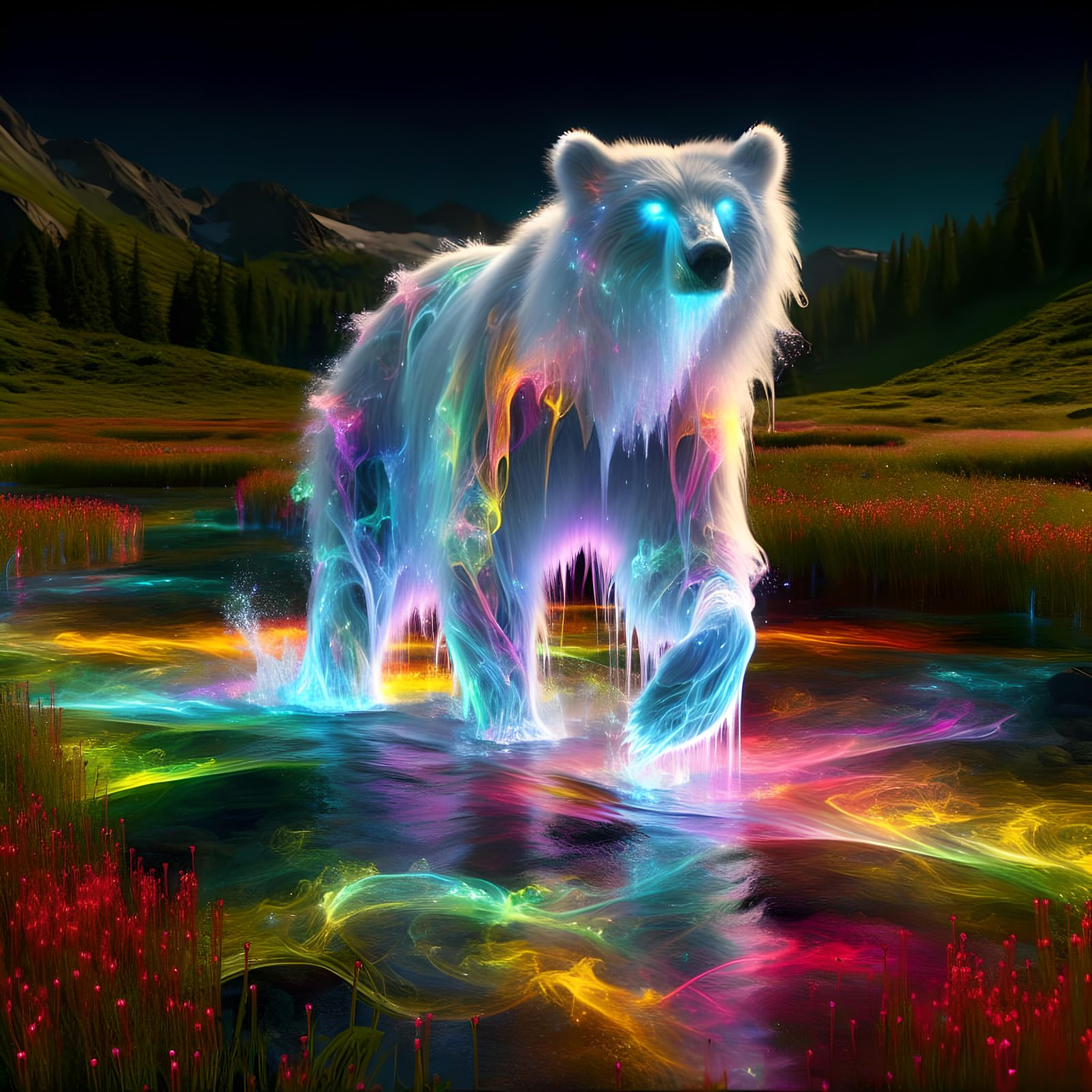Ethereal Great Bear walking within a enchanting meadow valley with a river