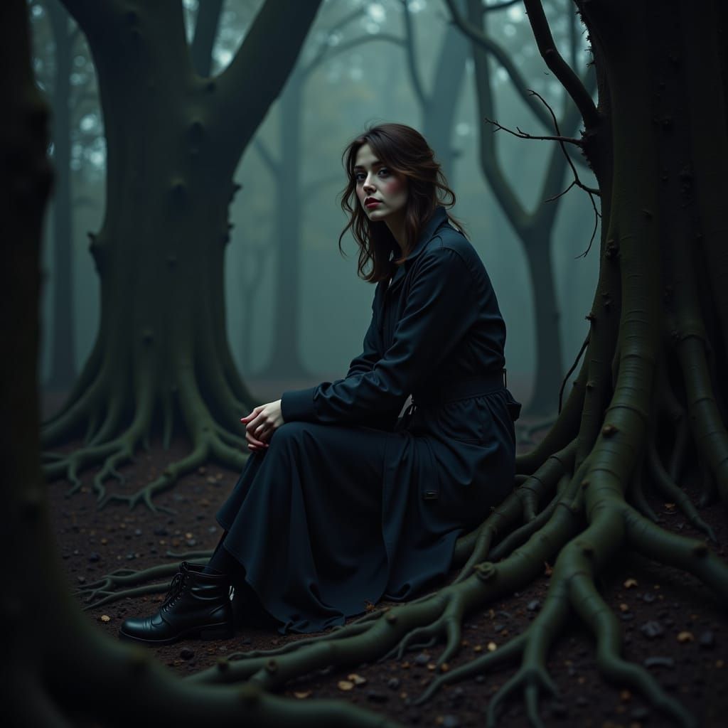 Melancholic Woman in Misty Forest
