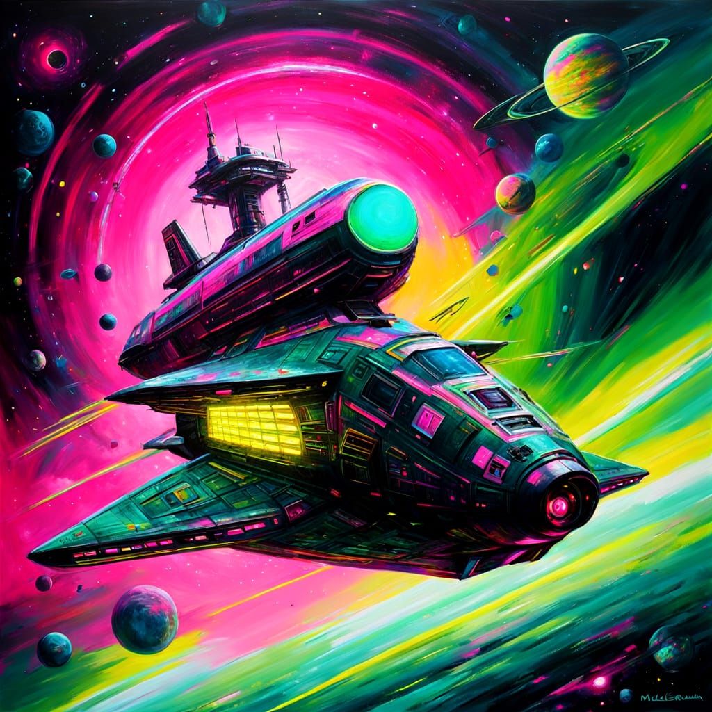 Psychedelic Spaceship in a Vibrant Galaxy