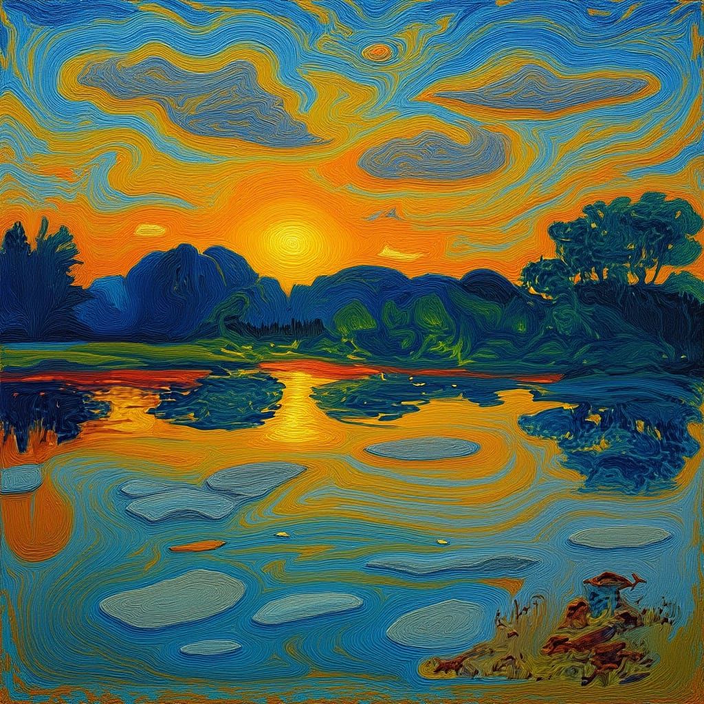 Serene Twilight Pond in Impressionist Style