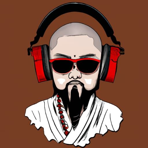 Lao Tzu with aviator sunglasses and headphones on