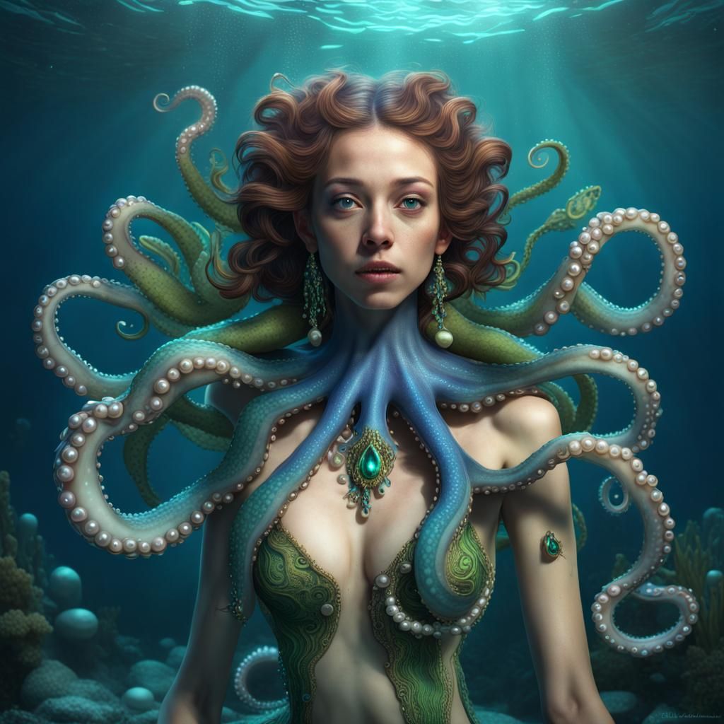 Octopus Girl Hybrid Underwater in a Realistic Digital Painti...