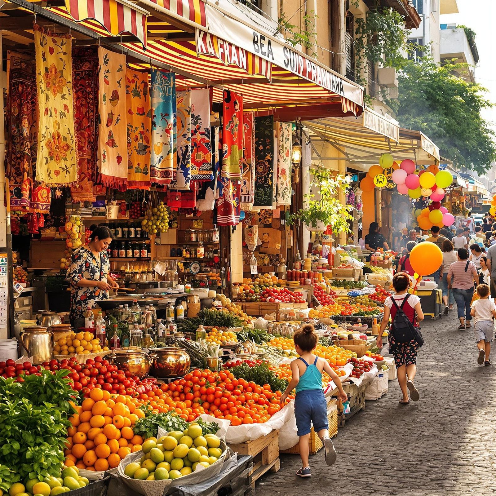 Vibrant Street Market Scene in Golden Afternoon Light