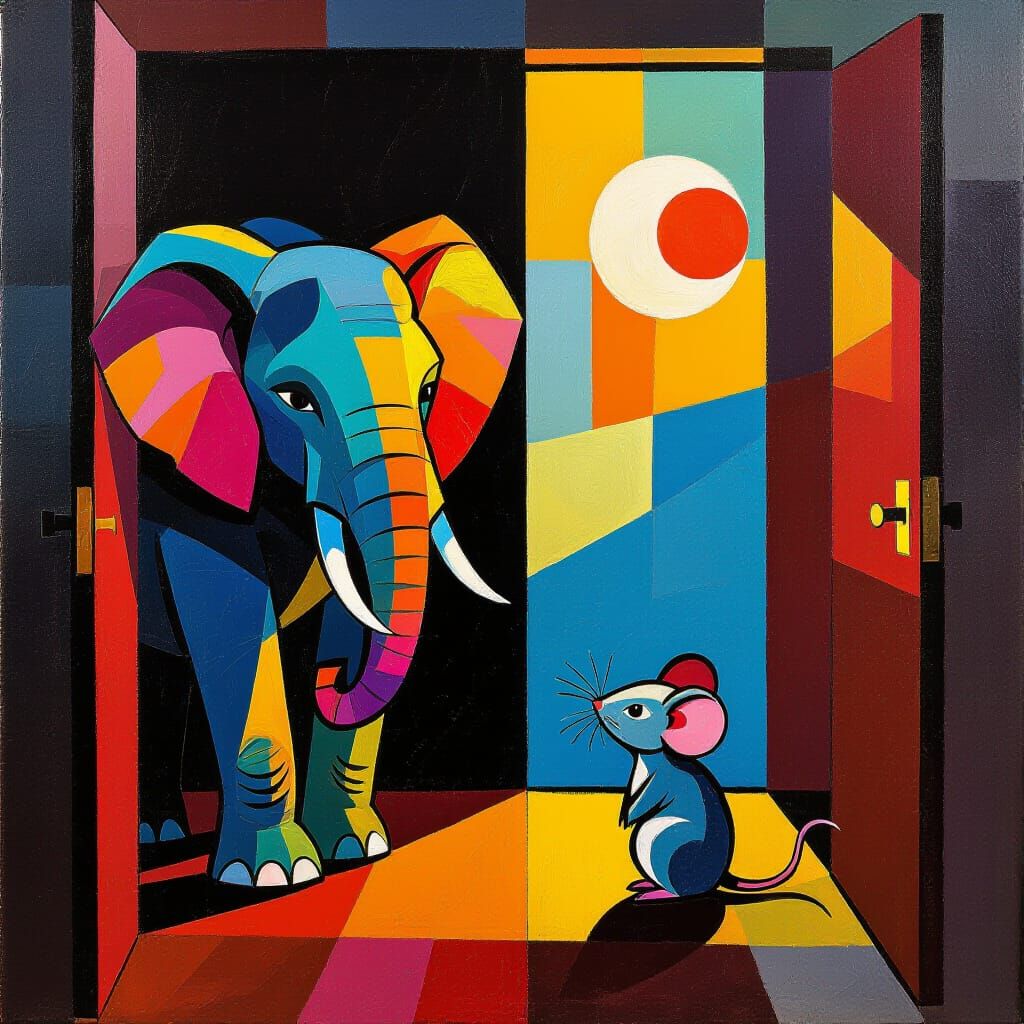 Elephant and Mouse in Closet Abstract Oil Painting