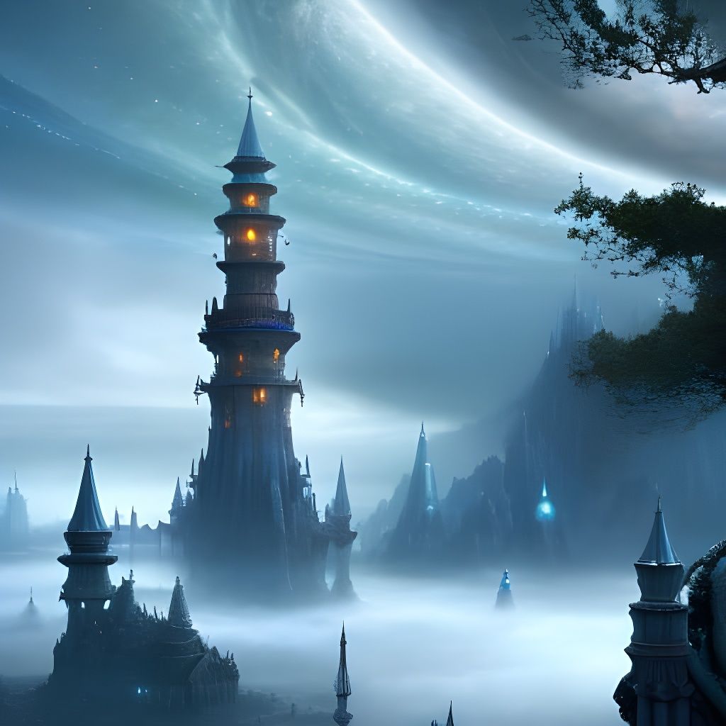 Fantasy City Under Indigo Skies: Digital Painting