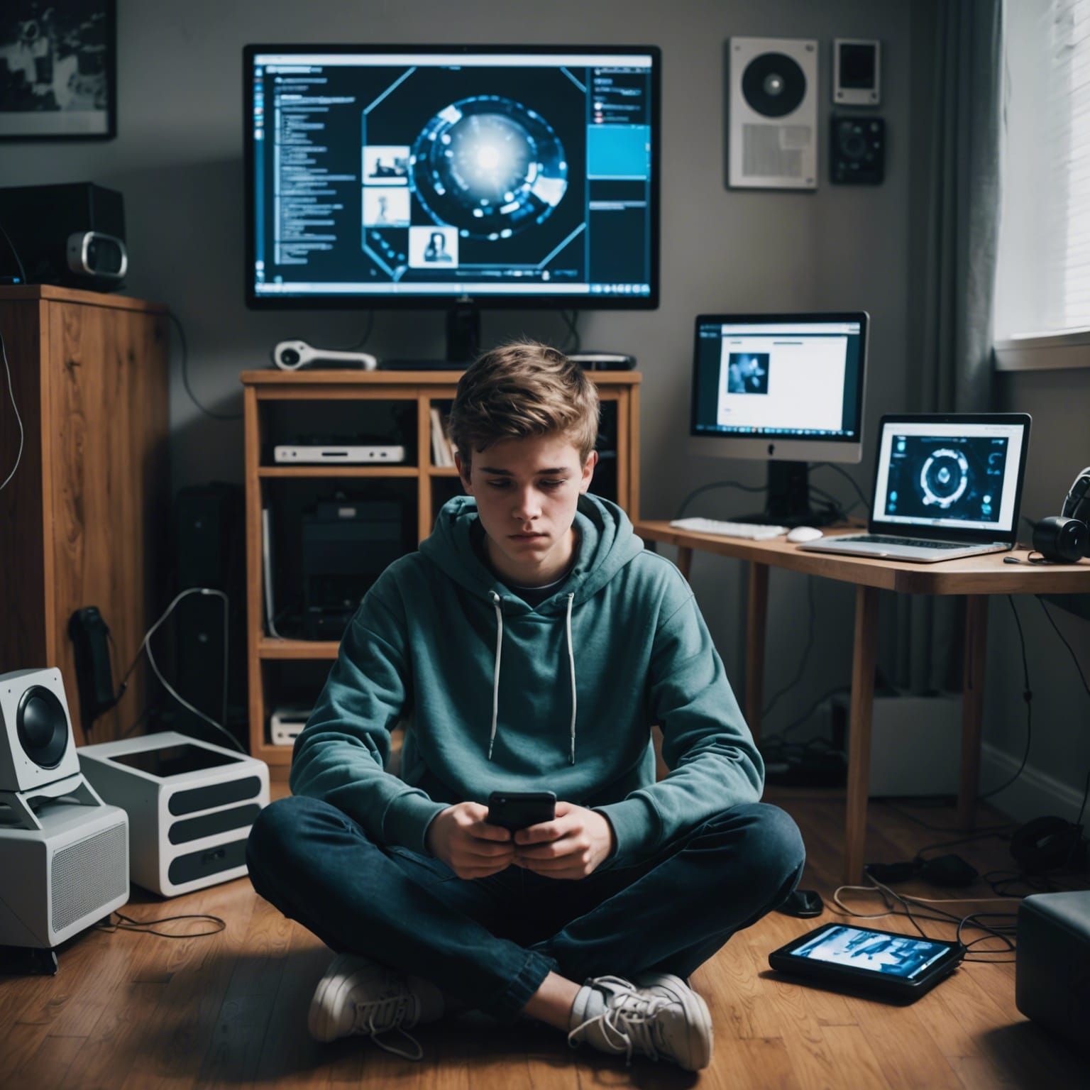 A depressed teenager sitting in a room surrounded by technol...