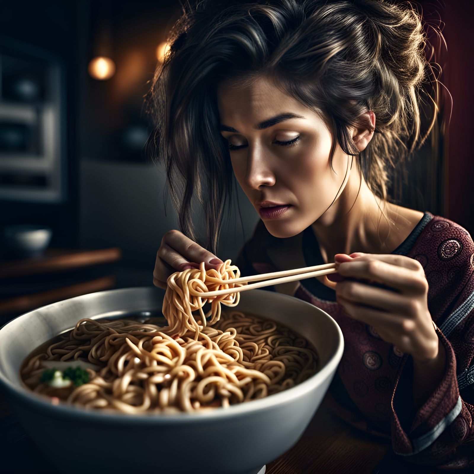 Hyperrealistic Woman Enjoys Ramen Noodles