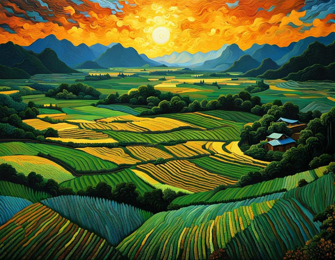 Mystic Rice Paddies in Post-Impressionist Style