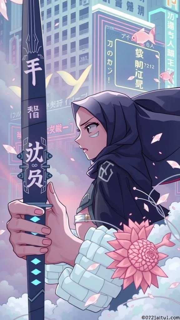Anime-Style Girl Wields Katana in Cyberpunk Cityscape