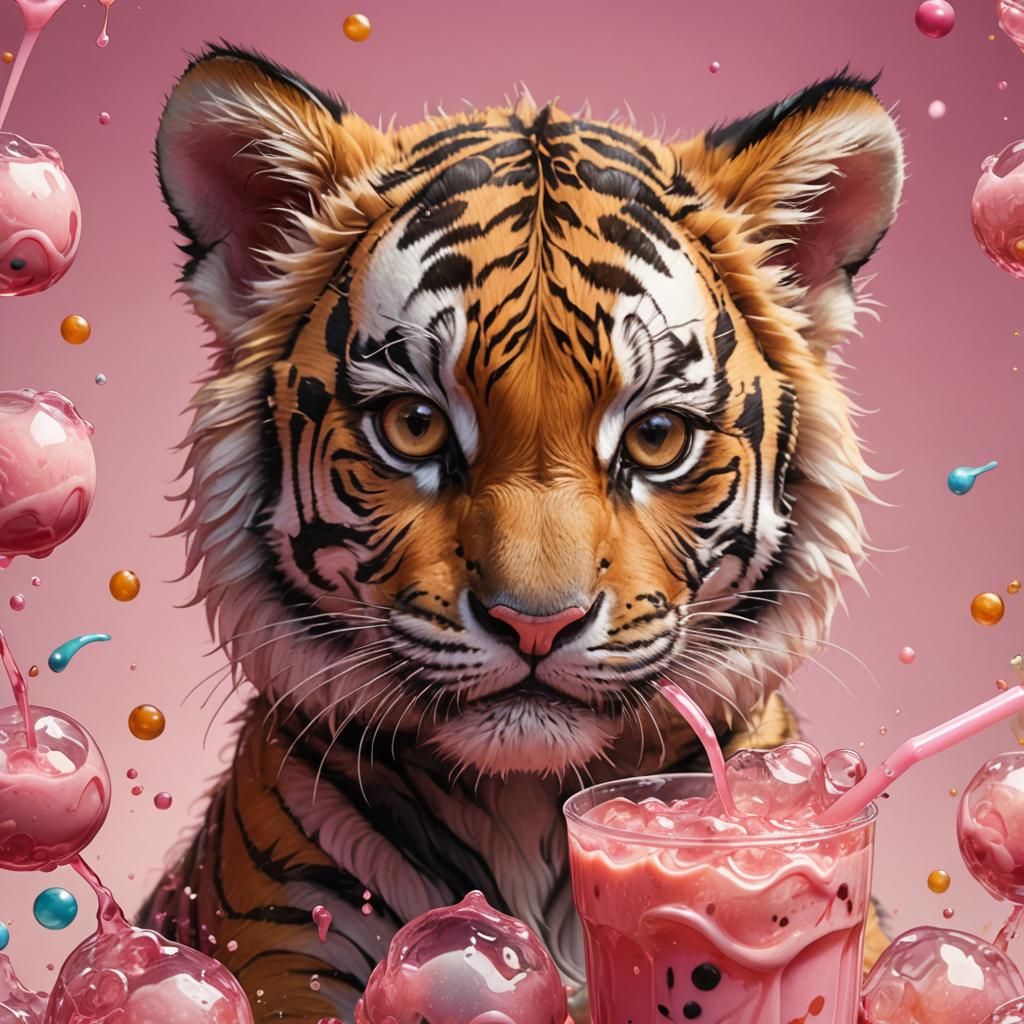Hyperrealistic Baby Tiger with Boba Tea