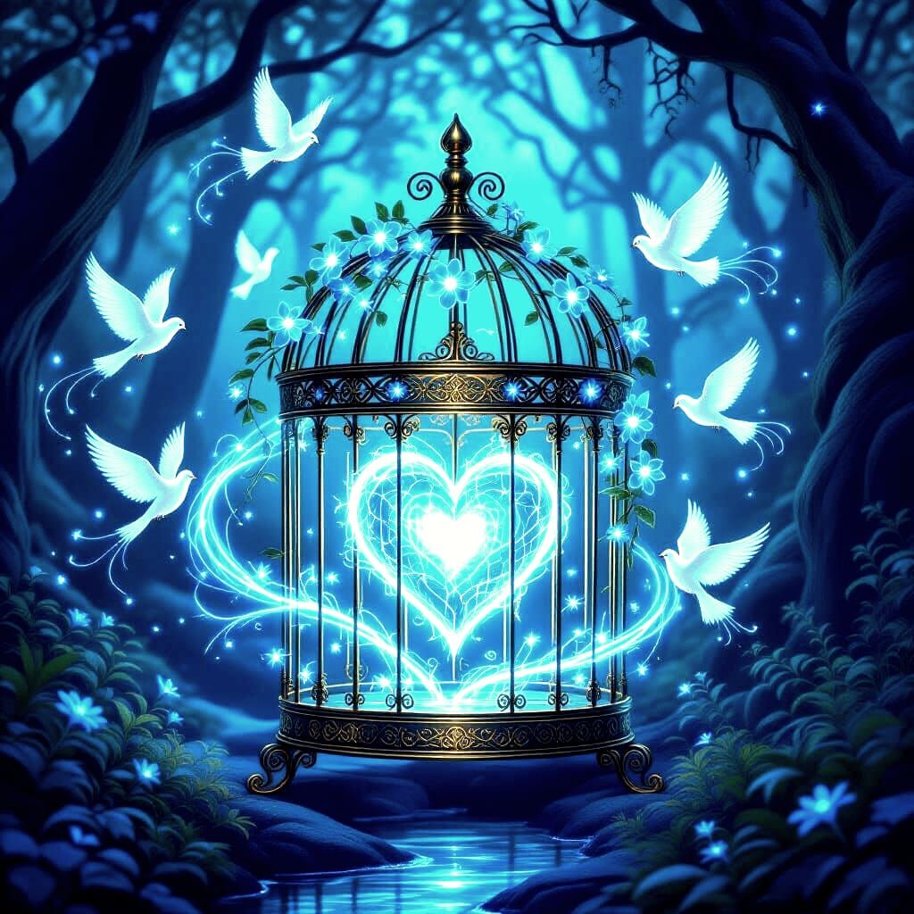 Enchanted Forest Birdcage With Luminous Heart and Flying Bir...