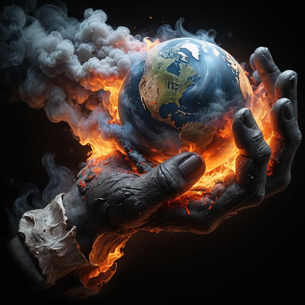 Fiery Hand Holds Earth Globe of Smoke