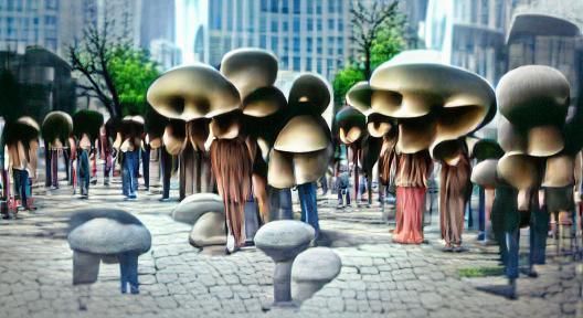 Mushroom People in Imaginary Cityscape