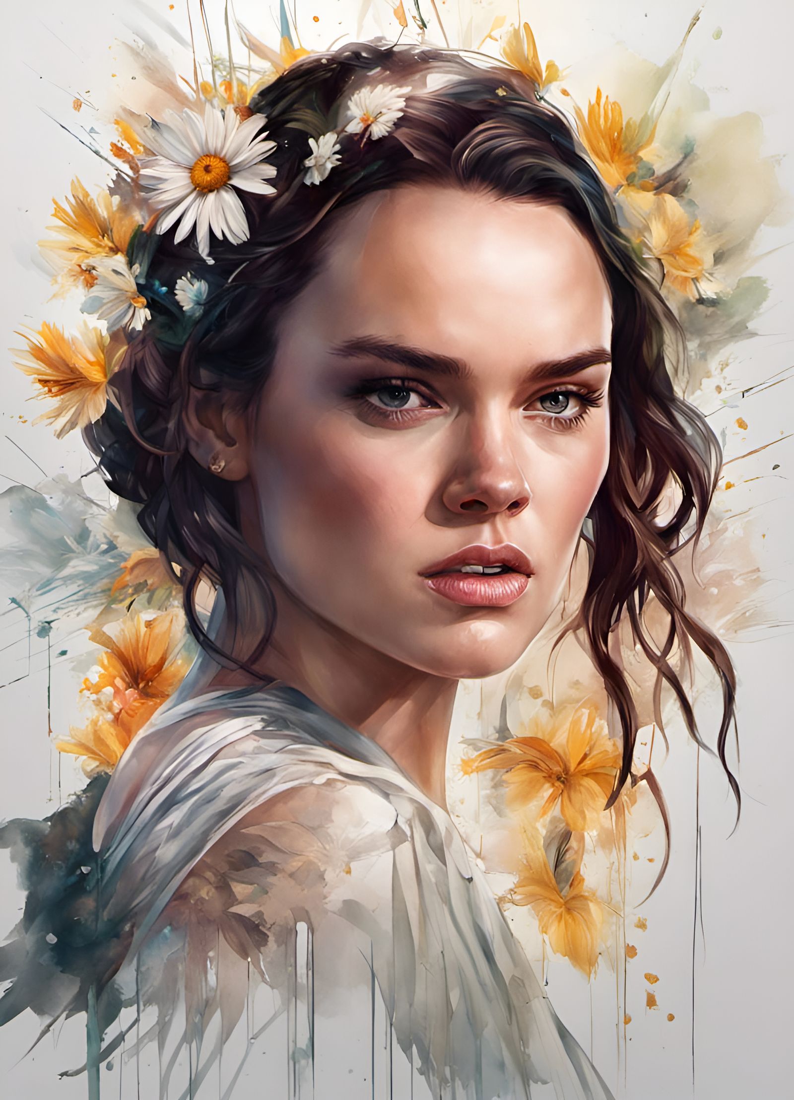 Hyperdetailed Portrait of Daisy Ridley with Daisy Flower