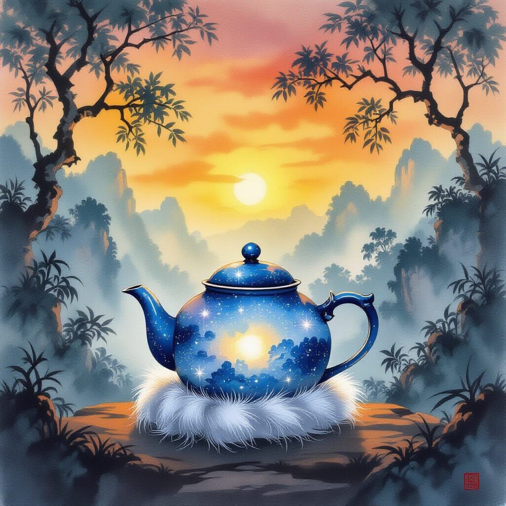 Chinese Watercolor Teapot Amidst Celestial Ink Patterns