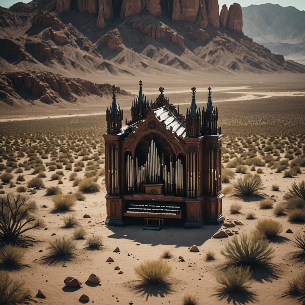 Gothic organ in a desert drone shot Cinematic film still, shot on v-raptor XL, film grain, vignette, color graded, post-...