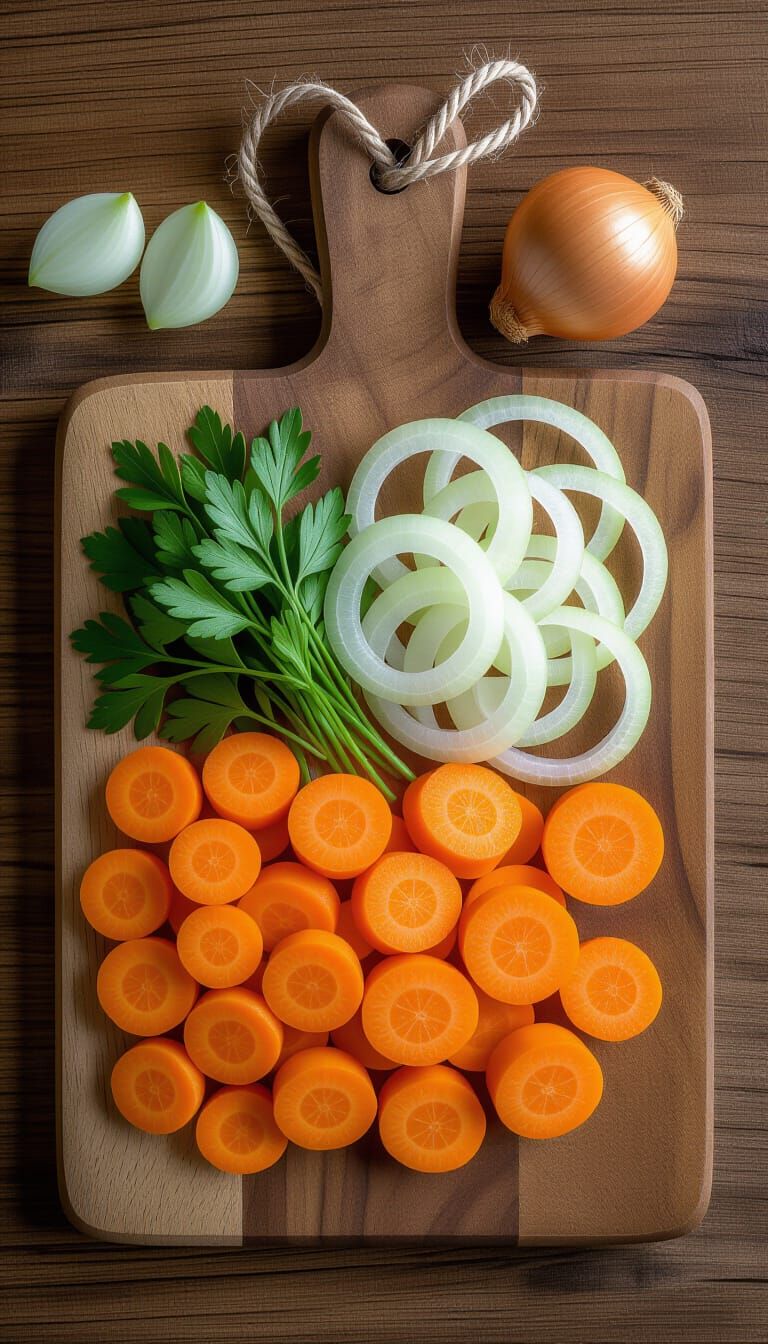 Overhead View of Fresh Soup Ingredients on Rustic Board