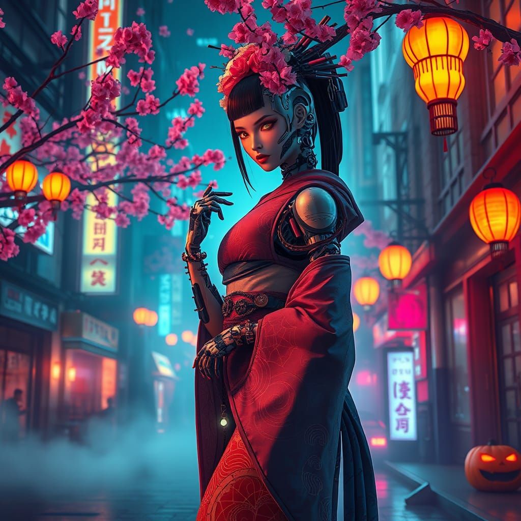 Futuristic Geisha Robot in Cyberpunk Tokyo Streetscape