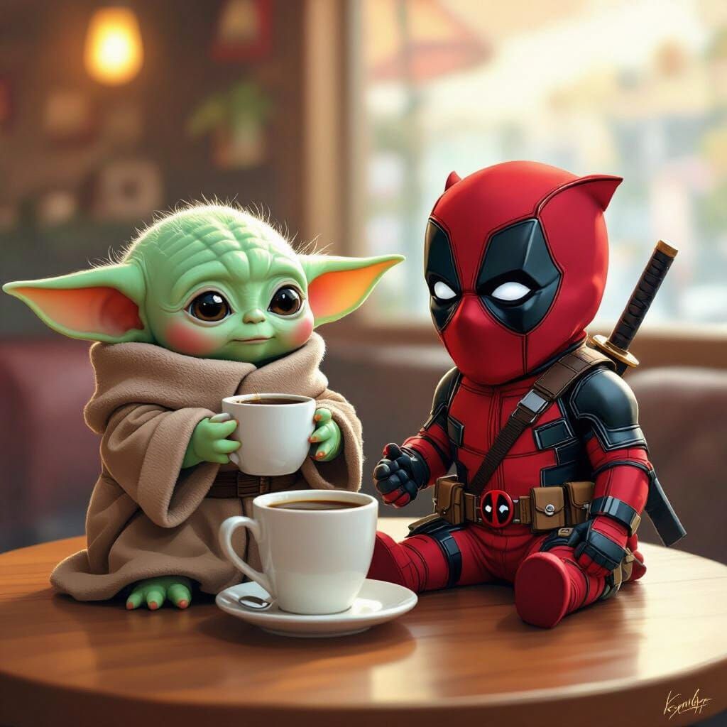Baby Yoda, Chewbacca, and Deadpool in Cafe