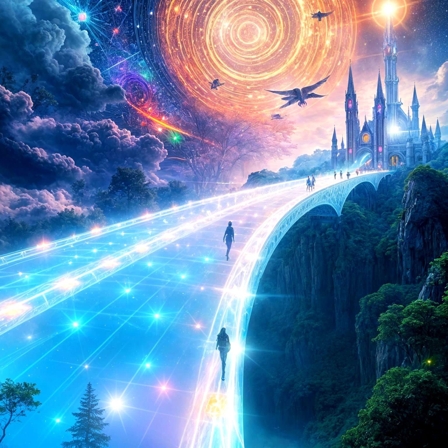 Majestic Cosmic Bridge Connects Mystical Forest and Futurist...