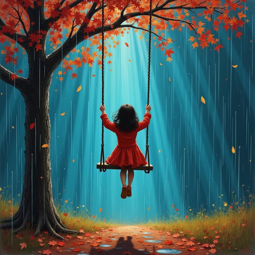 Astral Cosmic Illustration of Girl Swinging in Rain