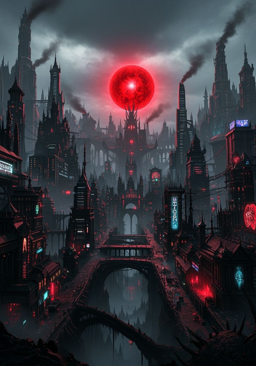 Dark Fantasy Underworld Cityscape with Red Orb