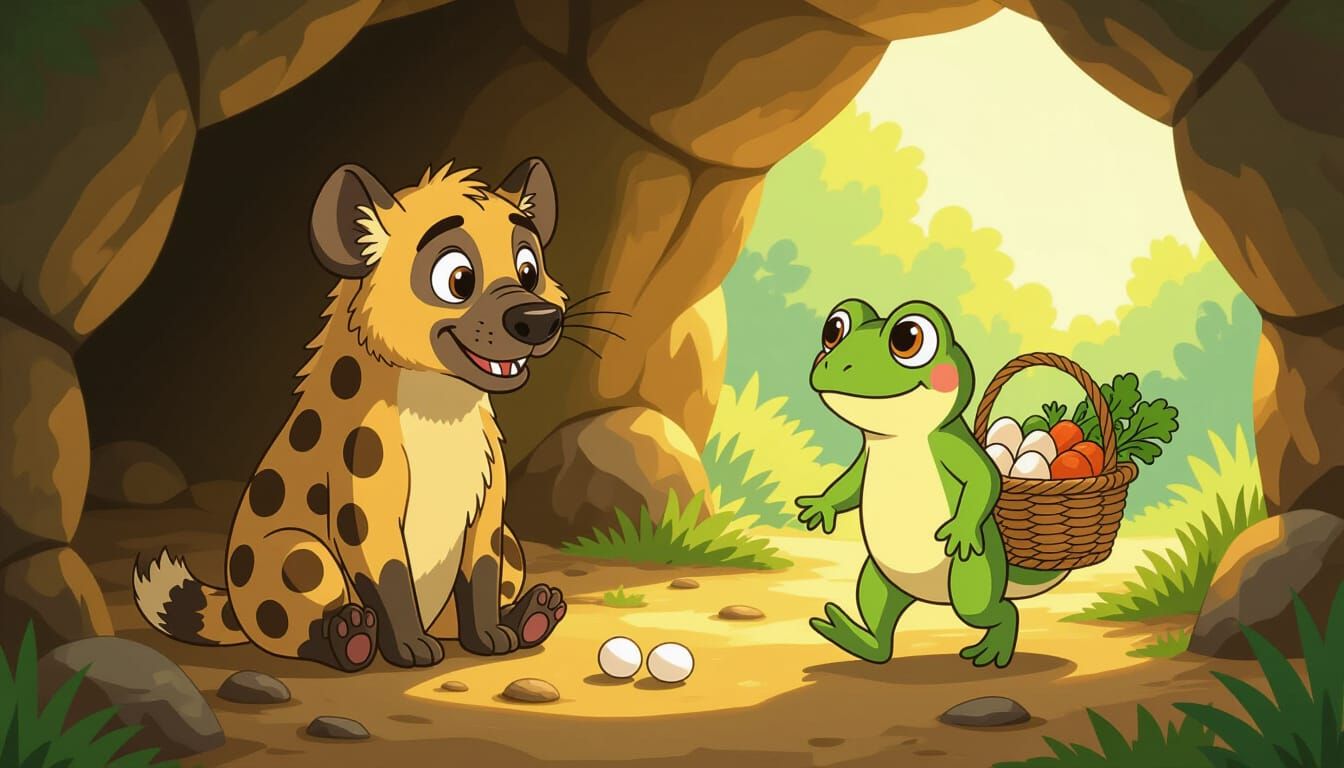 Cheerful Cartoon Hyena and Frog in Sunny Cave