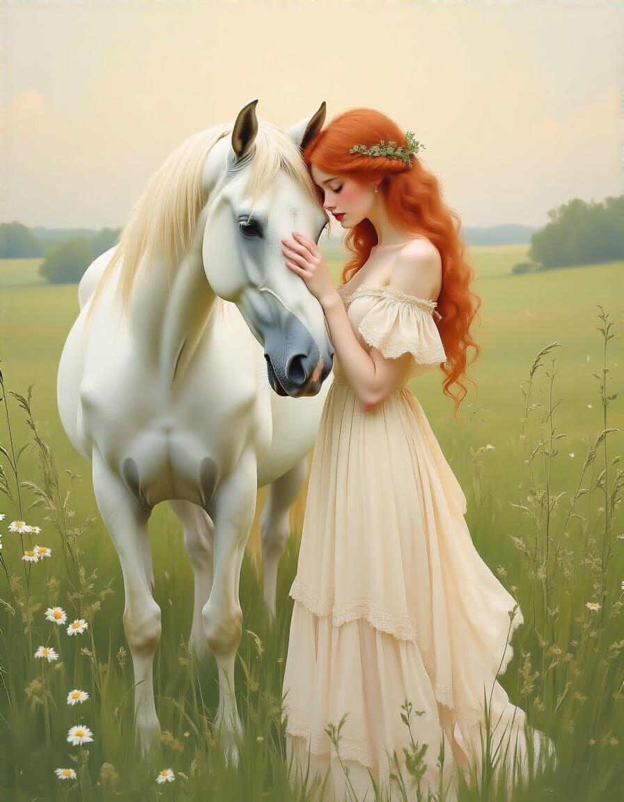 Woman and White Horse in Impressionistic Style