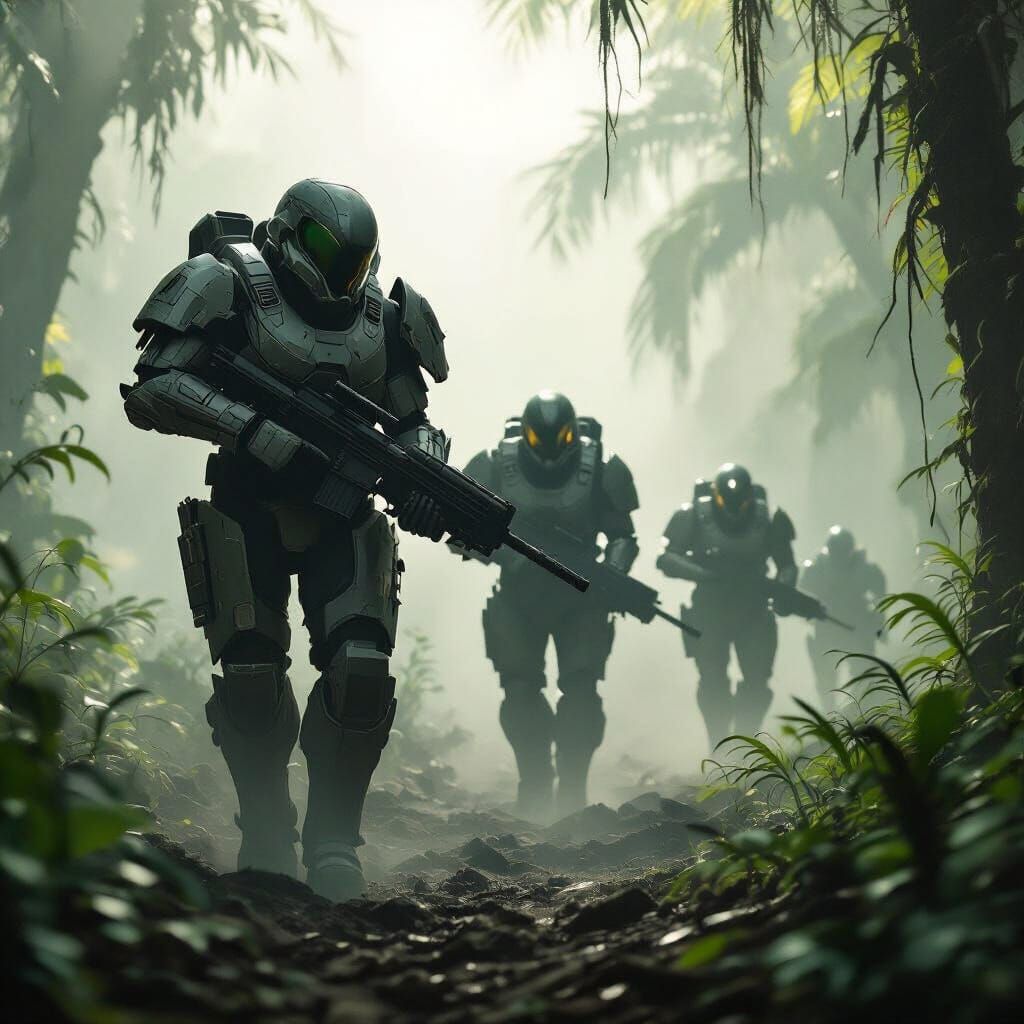 Power-Armored Soldiers in Alien Jungle, Cinematic Style