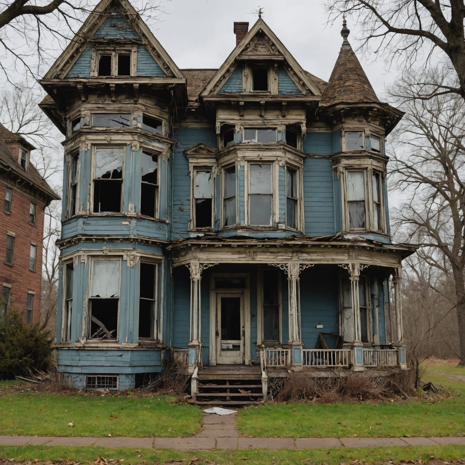 Very old and run down abandoned old victorian home outside, ...