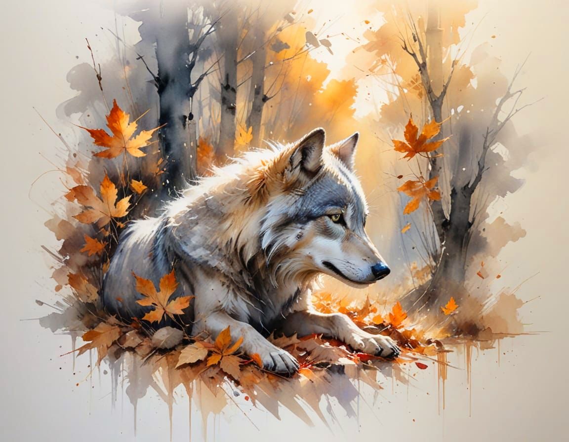 Grey Wolf Rests in Sunlit Autumn Forest Glade